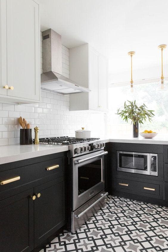 A kitchen with graphic tiles