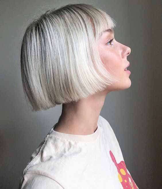 French blunt blonde fleece bob with straight bangs