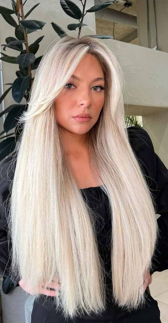 Straight Polar Blonde Hair with Long Curtain Bangs